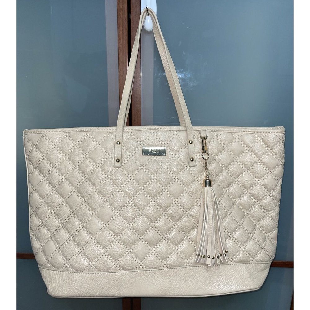BCBG Paris Nude Beige Quilted Faux Vegan Leather Large Tote Carry Hand Bag Purse